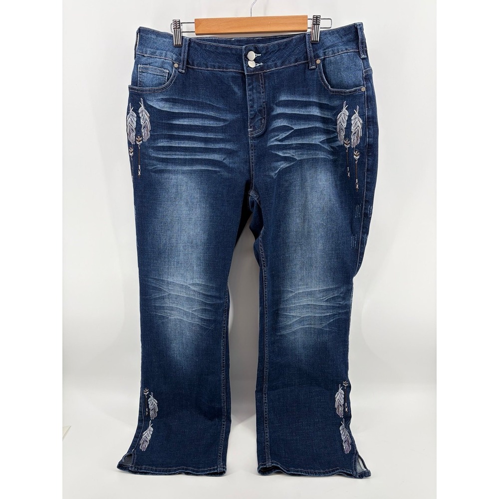 Flamingo, Wide-Leg Feather Embroidery Stretch, Dark Wash Denim Jeans, 4XL